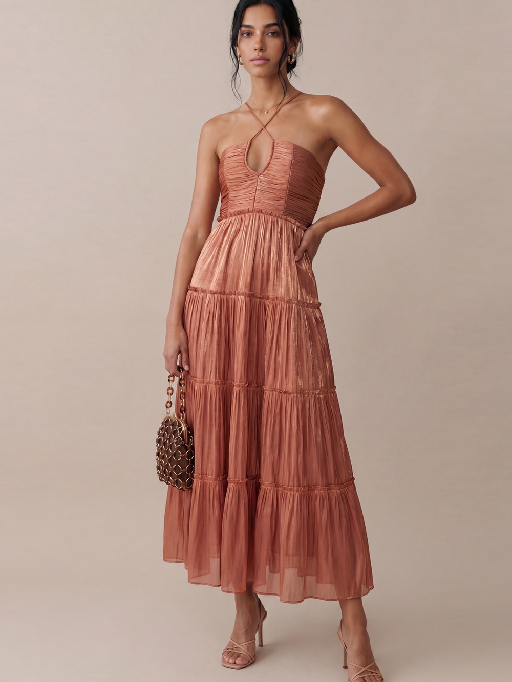 Few Moda o.p.t. East Dress Rust Halter-Tie Tiered Midi Dress - Picture 4 of 8